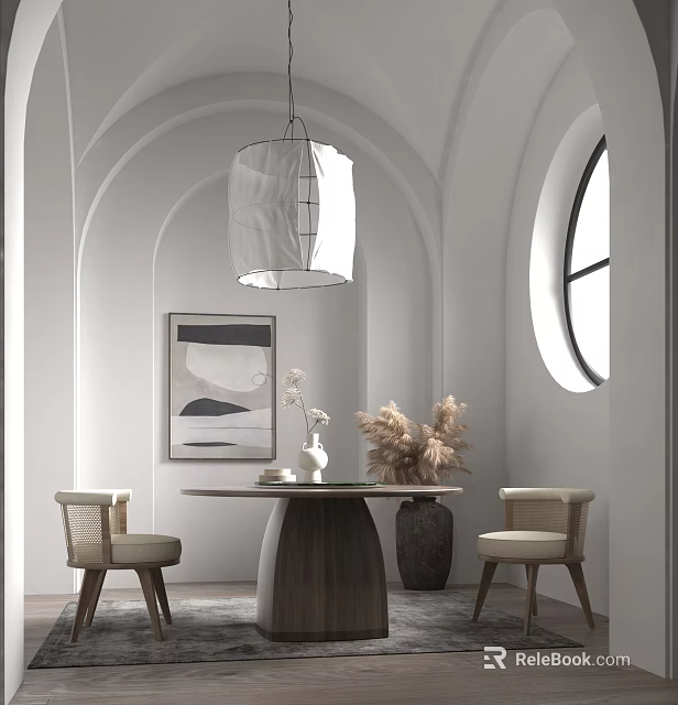 Modern Dining Table Set With Two Chairs Wall Art Round Window And Pendant Light 3d model