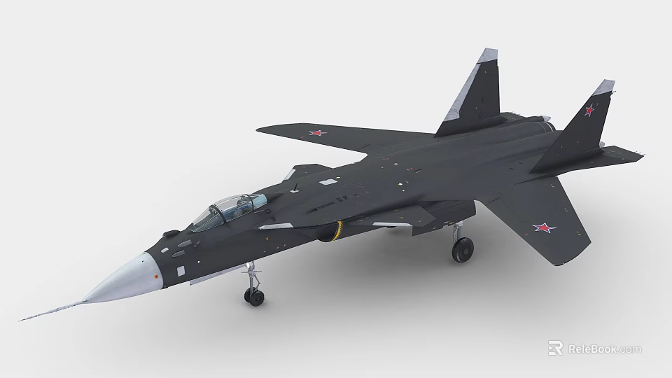 Modern Black Fighter Jet Featuring Cockpit Red Star Emblems And Aerodynamic Wings 3d model 