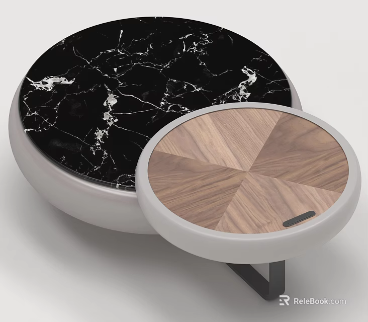 Modern Round Coffee Table With Black Marble And Wooden Top Design 3d model 