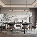Modern Restaurant Interior Featuring Round Dining Table Hanging Lights And Landscape Decor