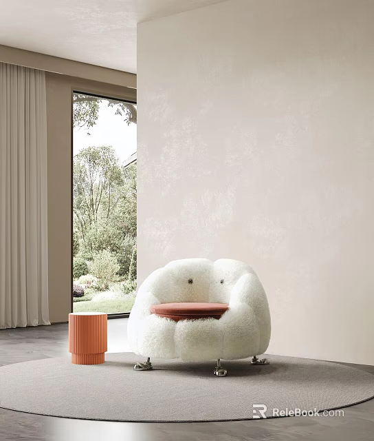 White Fluffy Armchair With Orange Side Table Near Large Window And Greenery View 3d model 
