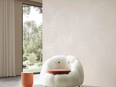 White Fluffy Armchair With Orange Side Table Near Large Window And Greenery View 3d model