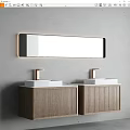 Modern Ribbed Wooden Bathroom Vanity Cabinets With Double White Sinks Gold Faucets And Lighted Mirror