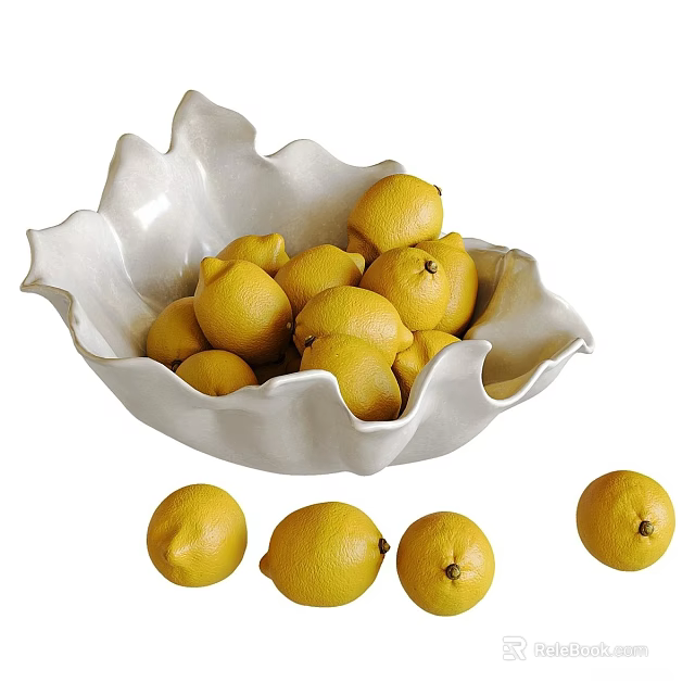 Decorative Ornament Set Featuring White Petal Shaped Bowl Filled With Yellow Lemons And Lemons Around 3d model 