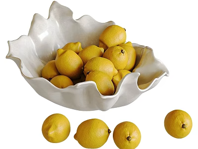 Decorative Ornament Set Featuring White Petal Shaped Bowl Filled With Yellow Lemons And Lemons Around 3d model