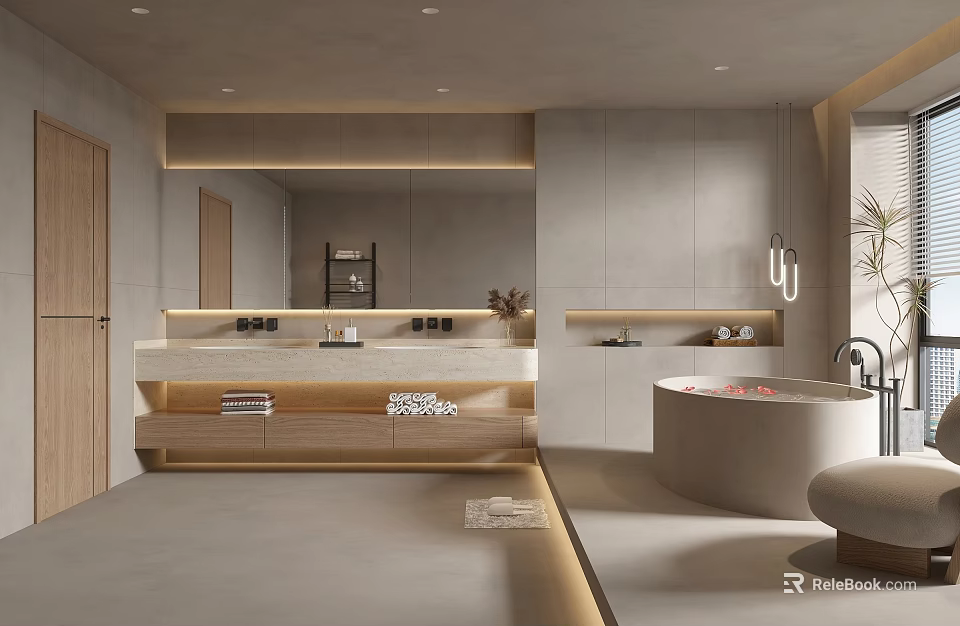 Modern Bathroom Interior With Freestanding Bathtub Wooden Vanity Mirror Cabinets And Soft Lighting 3d model 