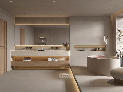 Modern Bathroom Interior With Freestanding Bathtub Wooden Vanity Mirror Cabinets And Soft Lighting 3d model