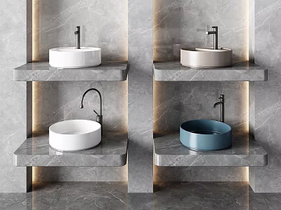 Modern Washbasins on Stone Shelves White Beige and Blue Against Gray Marble Walls With Lighting 3d model