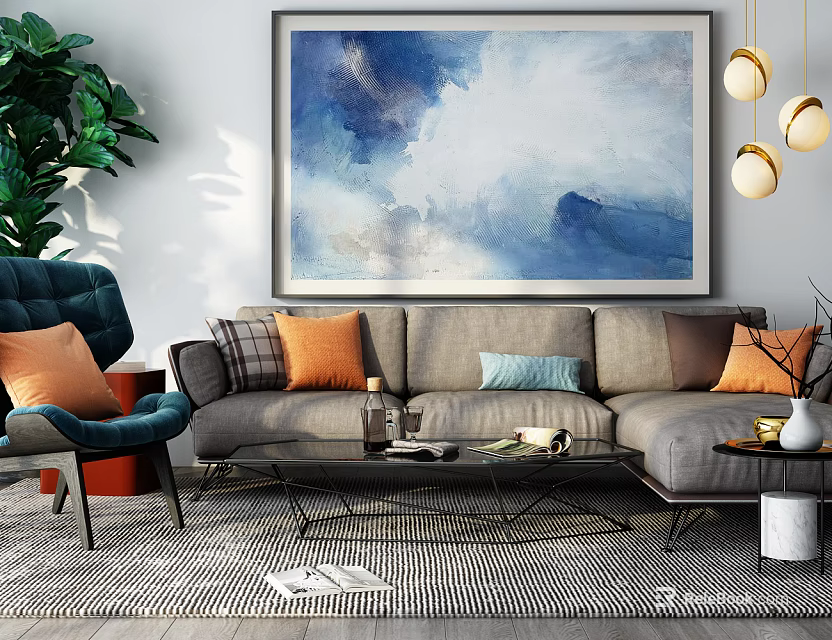 Stylish Gray Sofa And Coffee Table Set With Colorful Pillows Abstract Painting Green Plant And Pendant Lights 3d model 
