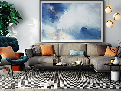 Stylish Gray Sofa And Coffee Table Set With Colorful Pillows Abstract Painting Green Plant And Pendant Lights 3d model