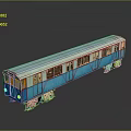 Blue Model Train With Multiple Carriages White Wheels And Gray Background Reflection