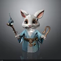 Anthropomorphic White Rabbit Fantasy Character Wearing Blue Robe With Staff Teardrop Ornament And Bell Belt