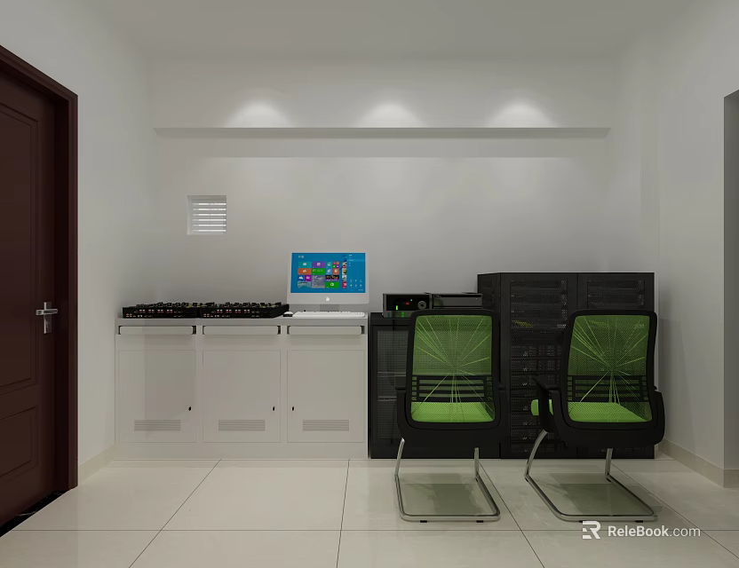 Technical Room Interior With White Walls Recessed Lights Blue Screen And Green Chairs 3d model 