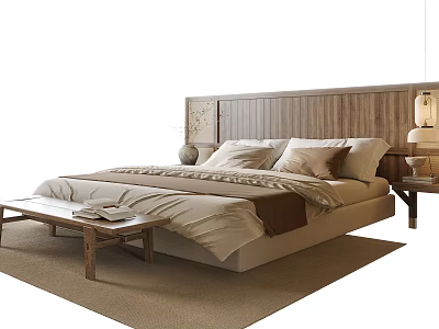 Modern Double Bed With Wooden Headboard Neutral Linen Bedding Bedside Table And Area Rug 3d model