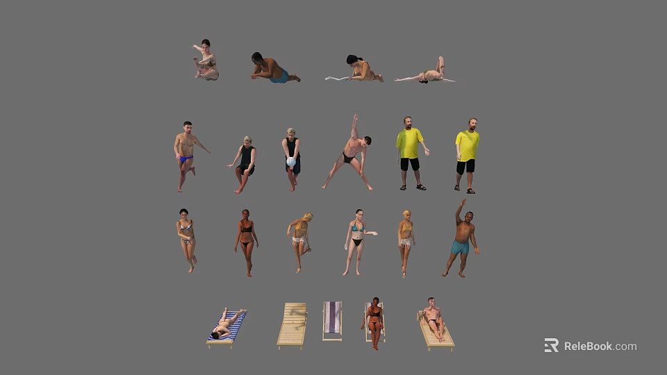 Group Of People Displaying Various Poses Standing Lying And Stretching Actions 3d model 