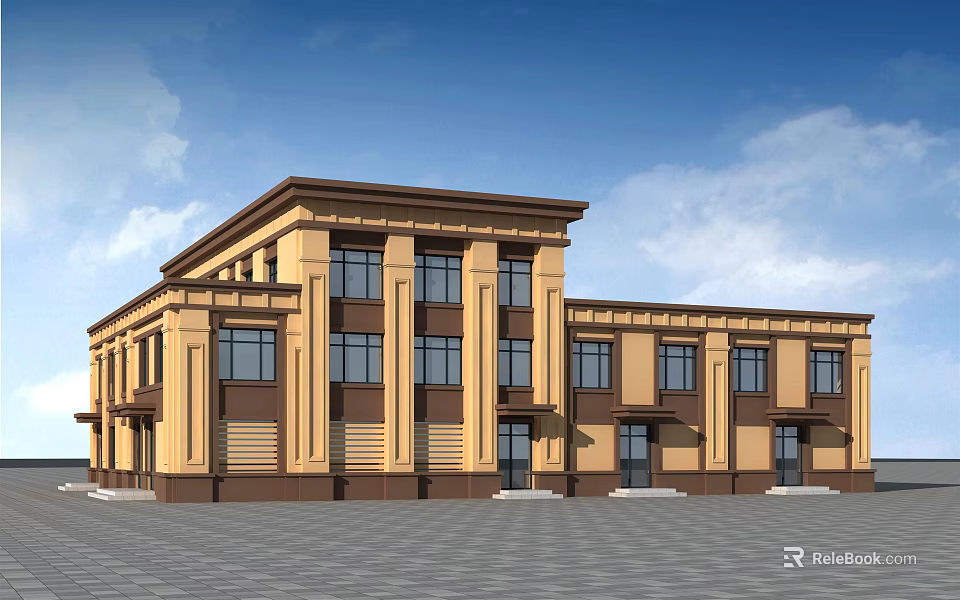 Multi Story Building With Yellow Brown Exterior Multiple Windows And Square Front 3d model