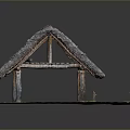 Traditional Thatched Roof Building With Wooden Pillars And Grass Ground