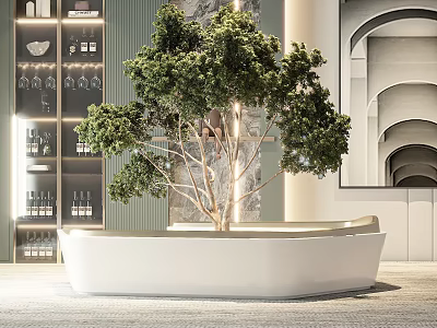 Lush Indoor Arbor With Green Foliage In White Planter And Modern Decor Elements 3d model