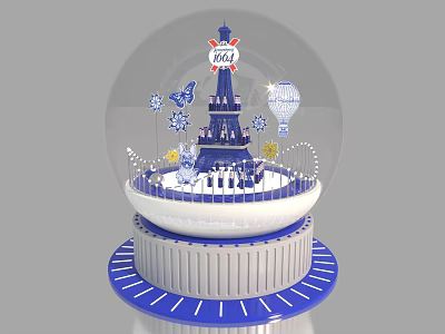 Snow Globe Art Installation Featuring Eiffel Tower 1889 Butterflies Balloons Snowflakes And Blue Base 3d model