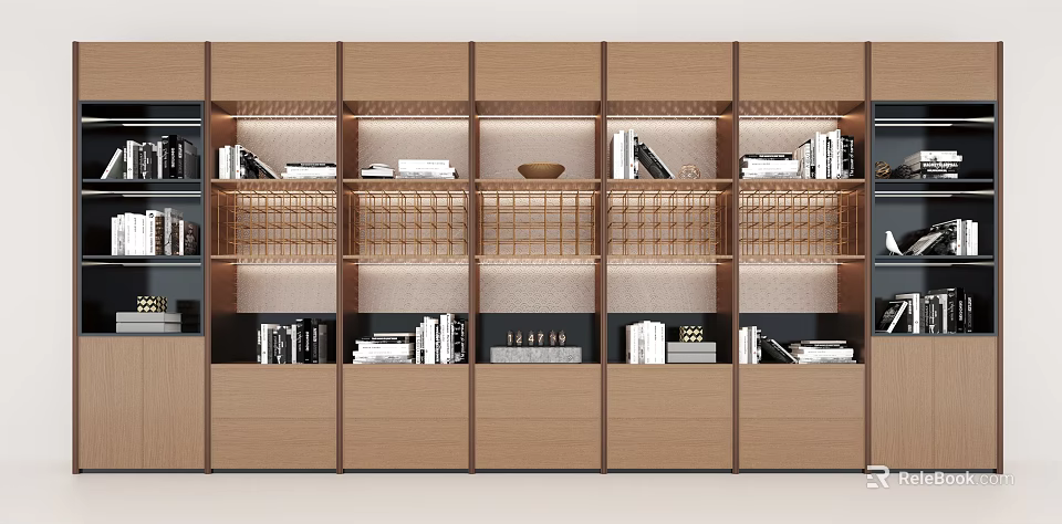 Modern Wooden Bookcase With Open Shelves Drawers And Decorative Books Interior Design 3d model 
