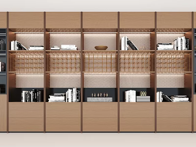Modern Wooden Bookcase With Open Shelves Drawers And Decorative Books Interior Design 3d model