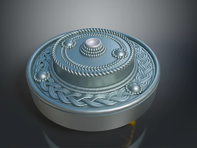 Silver Circular Sculpture Carving With Intricate Braided Patterns Central Pearl And Small Dot Decorations 3d model