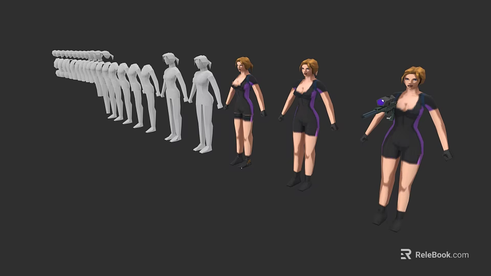 Game and Movie Character Models Showing Progressive Detail Evolution With Purple Accents and Weapon 3d model 