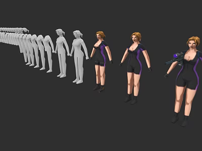 Game and Movie Character Models Showing Progressive Detail Evolution With Purple Accents and Weapon 3d model