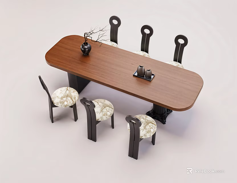 Wooden Oval Dining Table Set With Six Black Backrest Chairs And Patterned Seats 3d model