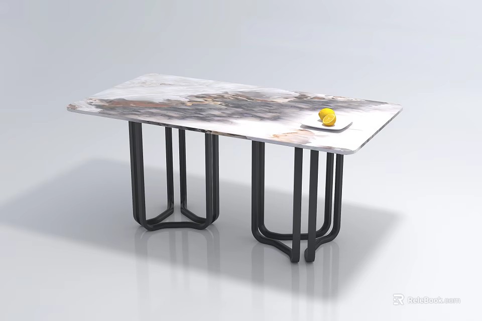 Modern Marble Dining Table with Black Metal Legs and White Plate Holding Yellow Fruit 3d model 
