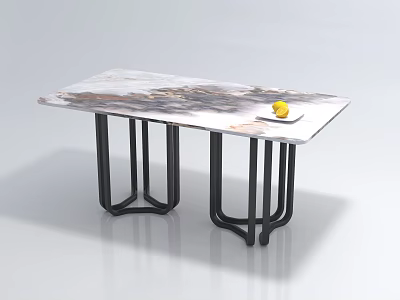 Modern Marble Dining Table with Black Metal Legs and White Plate Holding Yellow Fruit 3d model