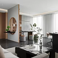 Modern Office Interior With Large Windows Dark Desk Brown Chairs Wooden Panels And Decorative Paintings