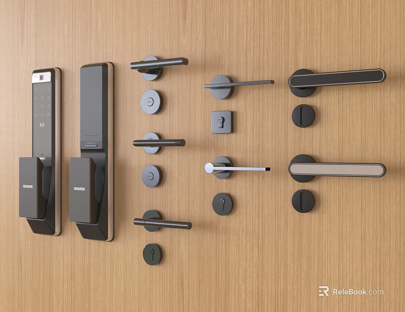 Modern Door Locks and Handles Collection with Smart Lock and Various Designs on Wooden Panel 3d model 