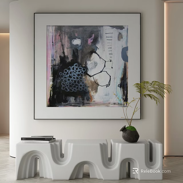Abstract Painting Artwork Hung On Wall In Modern Interior With White Furniture And Green Plant 3d model 