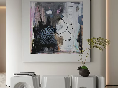 Abstract Painting Artwork Hung On Wall In Modern Interior With White Furniture And Green Plant 3d model