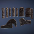 Wooden Carved Decorative Ornament Set Featuring Various Shapes Including Face Horse And Patterned Pillars