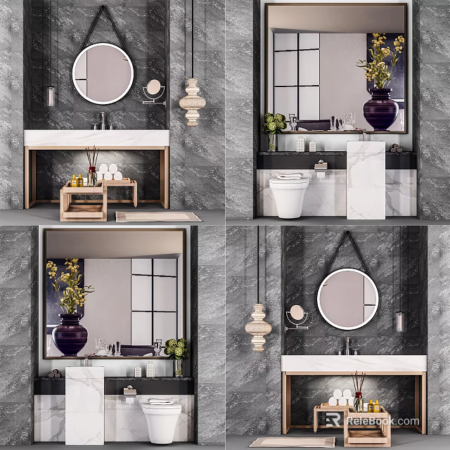 Modern Bathroom Vanity With Round Mirror Dark Marble Wall Marble Countertop And Pendant Light 3d model 