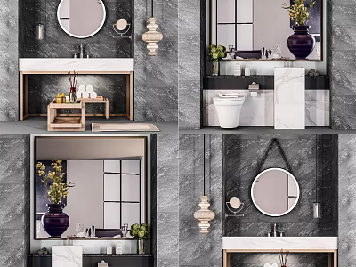 Modern Bathroom Vanity With Round Mirror Dark Marble Wall Marble Countertop And Pendant Light 3d model