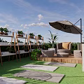 Serene Courtyard Garden With Green Lawn Stone Path Wicker Chair And Umbrella