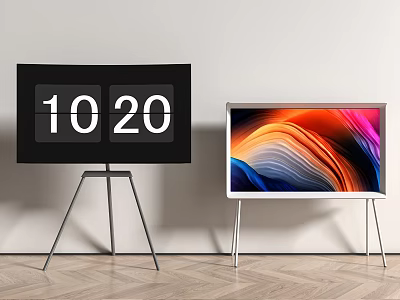 Two Modern Televisions With Tripod Stands Digital Display And Colorful Abstract Screen 3d model