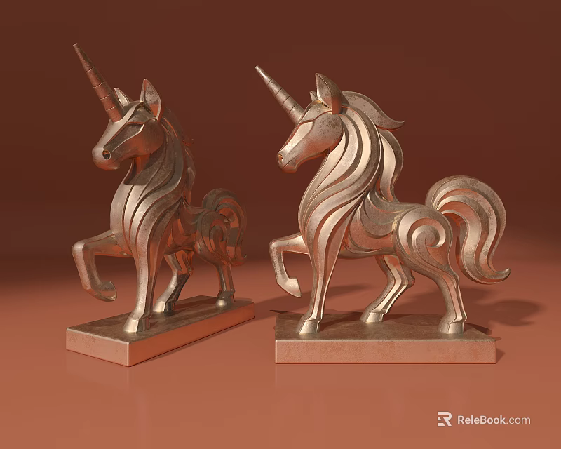 Copper Unicorn Decorative Figurine Set With Stylish Design And Square Base 3d model 