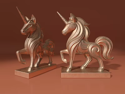 Copper Unicorn Decorative Figurine Set With Stylish Design And Square Base 3d model