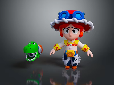 Cute Girl Doll With Red White Hat Blue Goggles And Green Dinosaur Toy 3d model