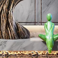 Garden Ornament Featuring Tree Shaped Sculpture With Green Figurine On Marble Wall Background