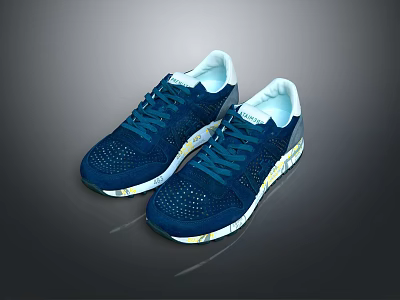 Blue Athletic Sneakers With Breathable Mesh Upper White Lining And Yellow White Sole 3d model