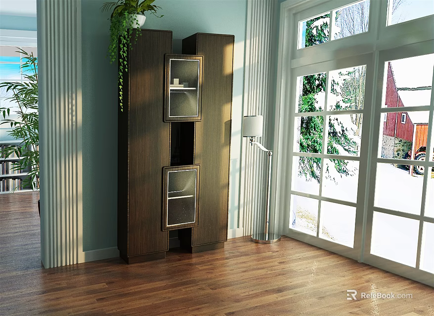 Wooden Storage Cabinet With Glass Doors In Modern Interior Near Window And Plant 3d model 