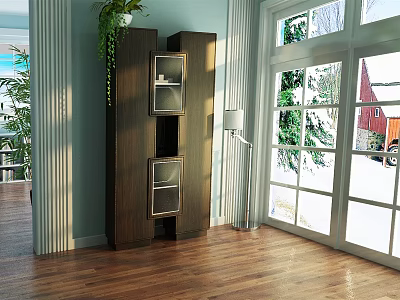 Wooden Storage Cabinet With Glass Doors In Modern Interior Near Window And Plant 3d model