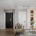 Modern Dining and Living Area with Wooden Table Chairs Marble Wall Hanging Lamp and Cabinets