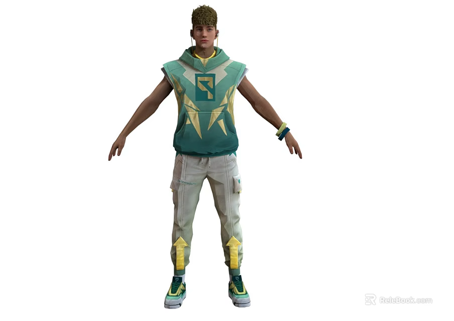 Man Wearing Green And Yellow Hooded Vest With Khaki Cargo Pants And Sneakers 3d model 