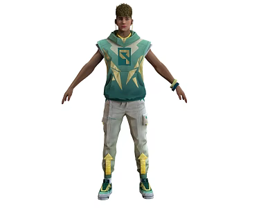Man Wearing Green And Yellow Hooded Vest With Khaki Cargo Pants And Sneakers 3d model
